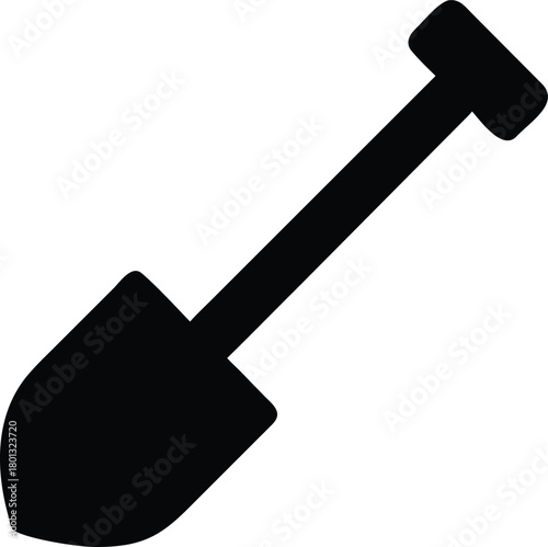 Black shovel against white background is shown with a simple design