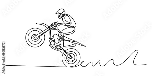 Continuous line drawing of a motocross rider performing a dynamic wheelie on a dirt bike, showcasing speed and agility in a minimalist art style.