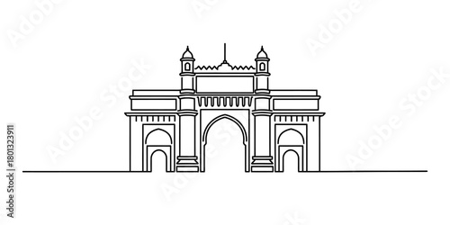 Gateway of india, a significant historical arch monument in mumbai, india. continuous one-line drawing icon vector art illustration on white.