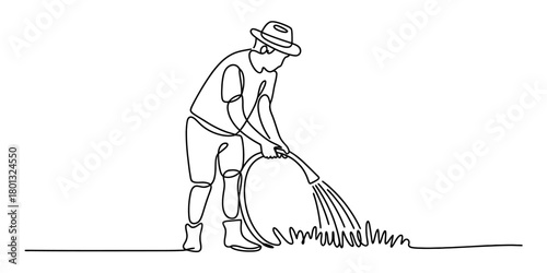 Continuous line drawing of a person wearing a hat and watering plants with a garden hose, showcasing gardening or household chores.