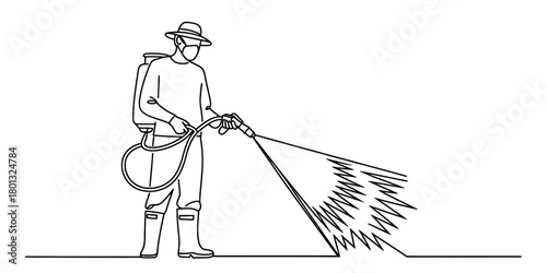 Agricultural worker in full protective gear, wearing mask, hat, and boots, operating a backpack sprayer for pesticide or herbicide application