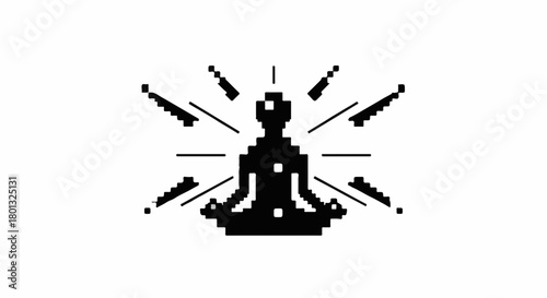 Pixelated silhouette meditating with radiating light, symbolizing inner peace and digital wellness.