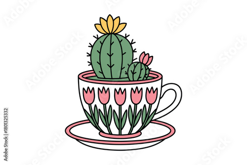 Charming teacup filled with a blooming cactus, a whimsical garden delight.