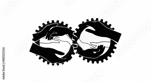 Interlocking hands and gears symbolize teamwork, collaboration, and shared success.