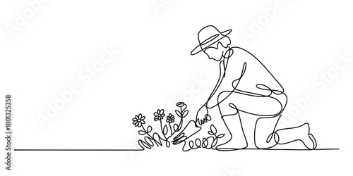 Minimalist continuous line drawing of a gardener in a hat kneeling, nurturing growing flowers, representing nature connection and care.