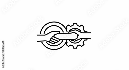 Hands shaking across interlocking gears symbolizing collaboration and teamwork