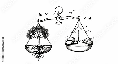 Balance of nature and urban development on scales, symbolizing environmental harmony and choice