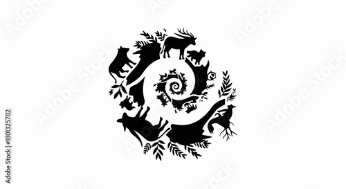 Whimsical spiral of wild animals and foliage, symbolizing nature's interconnectedness and growth