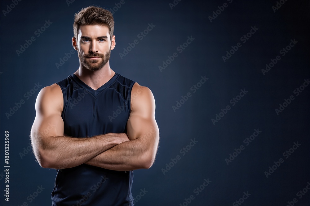 Fototapeta premium Portrait Of Muscular Male Athlete Wearing Navy Blue Sleeveless Shirt. Studio Shot Captures Confidence, Strength, And Fitness For Sports Promotion