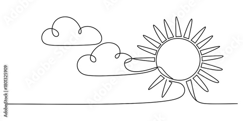 One line drawing of sun and clouds, abstract weather symbol, growth, nature, bright future, simple icon, vector illustration art.