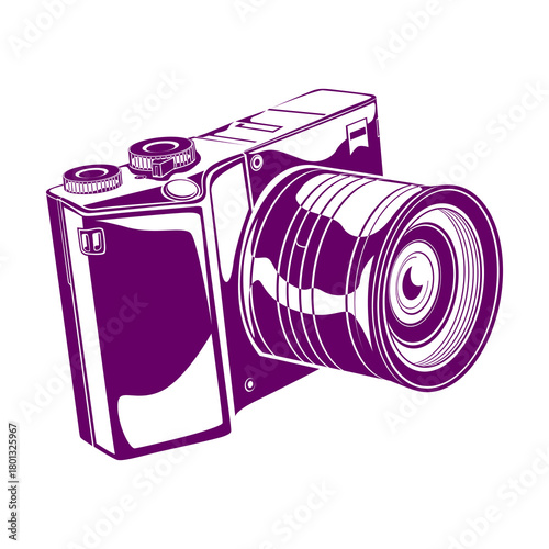 Bold silhouette of a compact full-frame style camera with large lens detail, ideal for professional photography graphics and creative digital assets.