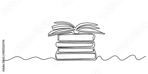 Continuous one line drawing of a stacked library of books with an open book on top, symbolizing education, knowledge, reading, and learning journey