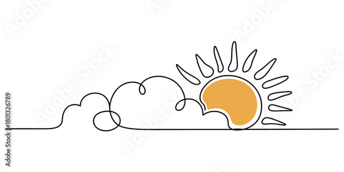 Continuous line drawing of a bright yellow sun partially obscured by stylized clouds, symbolizing clear weather, optimism, and new beginnings.