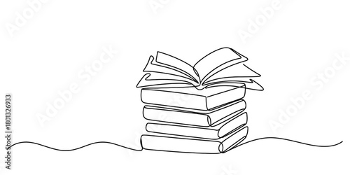 Continuous line art illustration of a stack of books with an open book on top, representing education, knowledge, and academic wisdom.