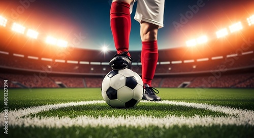 Close-up of a soccer ball at the corner of a stadium field with player's feet football