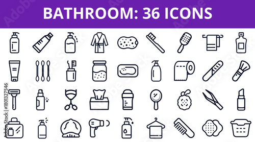 Bathroom icons set featuring 36 various hygiene products  