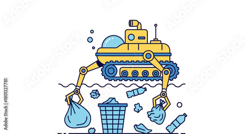 Underwater robot cleaning ocean pollution and collecting trash bag