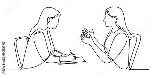 Continuous line drawing of two women, one writing notes while the other gestures and speaks, representing a consultation, interview, or discussion.