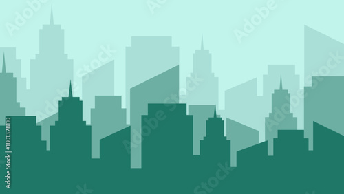 A flat design vector illustration of a modern cityscape silhouette with layered buildings, an abstract urban background in green tones