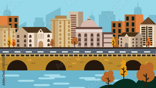 Cityscape illustration with a bridge, buildings, and a road under a blue sky, Slide5