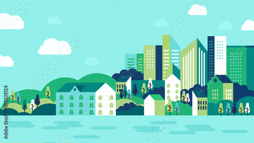 Modern Cityscape Vector Illustration with Buildings and Sky, Ideal for Urban and Travel Designs
