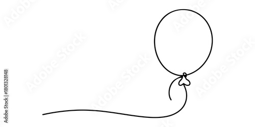 Minimalist continuous line art drawing of a single party balloon with a flowing string, isolated illustration on a clean white background