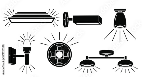 Lighting fixtures vector set different types of light sources art