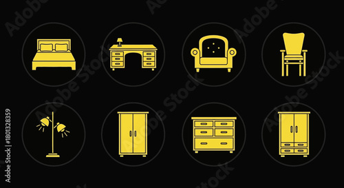 Furniture icons set bedroom living room home interior design gold