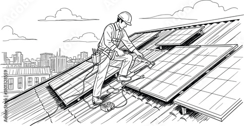 Solar panel installation, rooftop worker, renewable energy, urban skyline, safety gear, clean power, sustainable future, eco-friendly technology, electrician