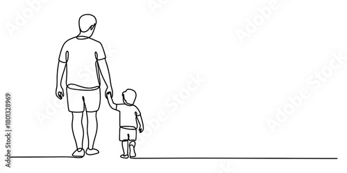 Continuous line art drawing of a father and son holding hands, walking together, symbolizing family bond, guidance, and companionship.