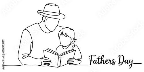 Continuous single line drawing of a father and child reading a book together, celebrating father's day, symbolizing love and parental bond.