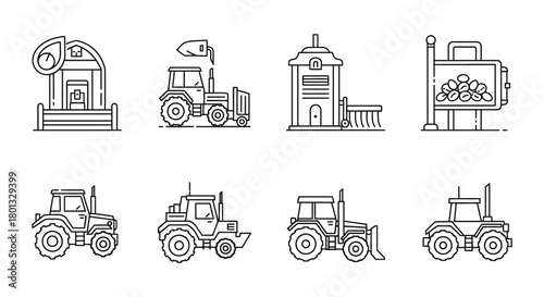 Farm equipment vector icons agriculture machinery and buildings