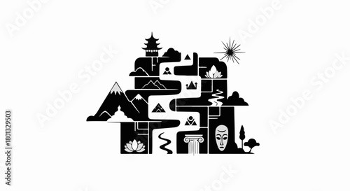 Whimsical landscape illustration blending Asian pagodas, mountains, and cultural elements.