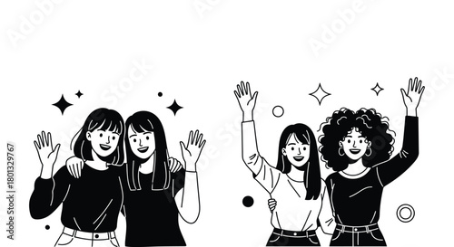 Women friends waving illustration black and white line art design