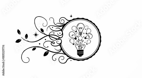 Bright idea flourishes from a central lightbulb with swirling decorative elements