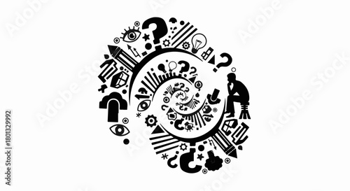 Symbolic spiral of ideas, questions, and learning, representing creativity and problem-solving.