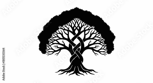 Intricate, stylized tree silhouette with interwoven branches on a white background