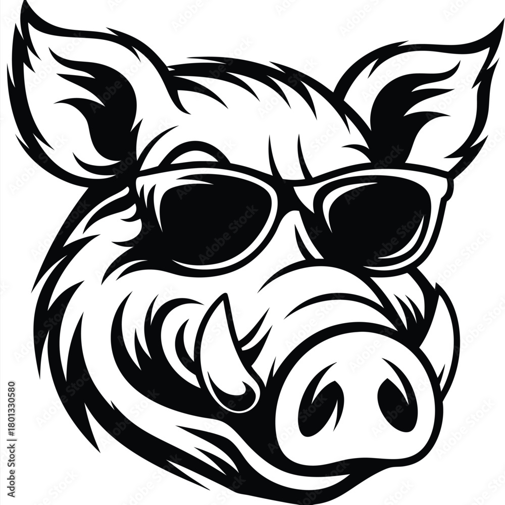 Obraz premium A monochromatic boar gazes sternly while wearing sunglasses over its piercing, animalistic eyes