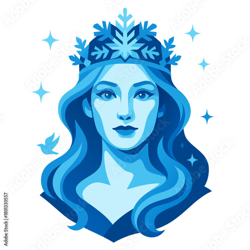 Mystical ice queen with flowing hair and snowflake crown, serene face and cool blue tones embody winter magic, calm power and seasonal fantasy beauty