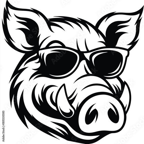 A monochromatic boar gazes sternly while wearing sunglasses over its piercing, animalistic eyes
