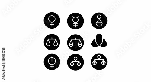 Collection of diverse symbols representing equality, justice, and gender identity.
