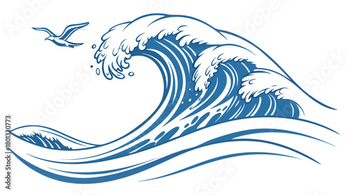 Ocean wave illustration with seagull flying in the sky beautiful sea waves drawing art vector image design