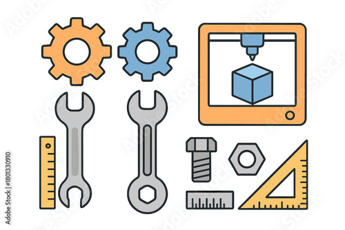 Set of engineering and maintenance components including gears, wrenches, rulers, fasteners, and additive manufacturing symbol