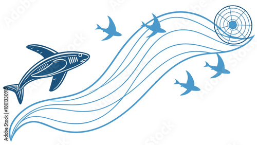 Shark birds and ocean waves vector design illustration for sea life and marine themed projects design