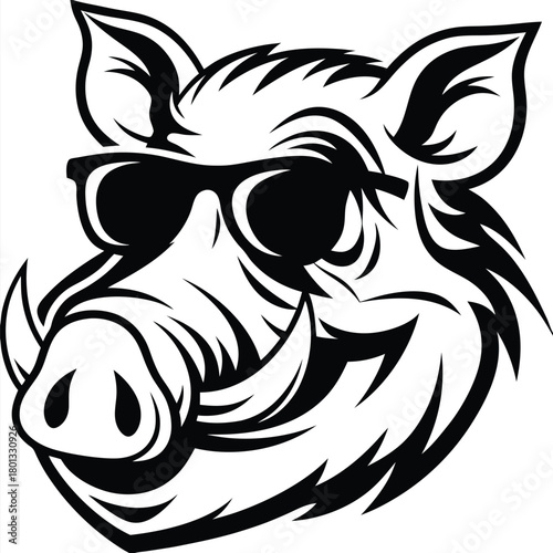 A stylized boar head wears sunglasses with tusks prominently displayed in a fierce expression