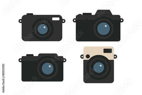 Four different styles of photographic cameras including modern digital and classic retro designs