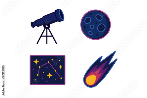 Collection of astronomy and space symbols: telescope, moon, constellation, and comet