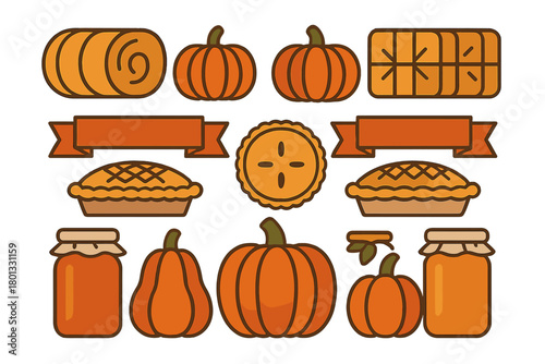Autumn harvest set with pumpkins, baked pies, hay bales, and jars of preserves