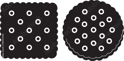 Square and round crackers with holes Keywords: cracker, biscuit, cookie, snack, food, baked, savory, sweet, round, square, holes, pattern, texture, design, graphic, on transparent background