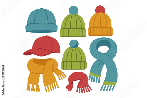 Colorful set of winter hats, knitted beanies, pom-poms, baseball cap, and warm scarves